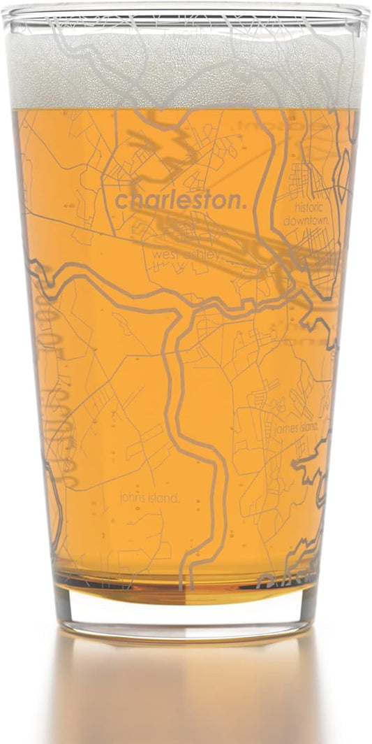 Well Told Engraved Charleston South Carolina Map Pint Glass, Etched Beer Gift (16 oz, Clear) City Map Pint, Custom City Glassware, Gifts For Beer Lovers