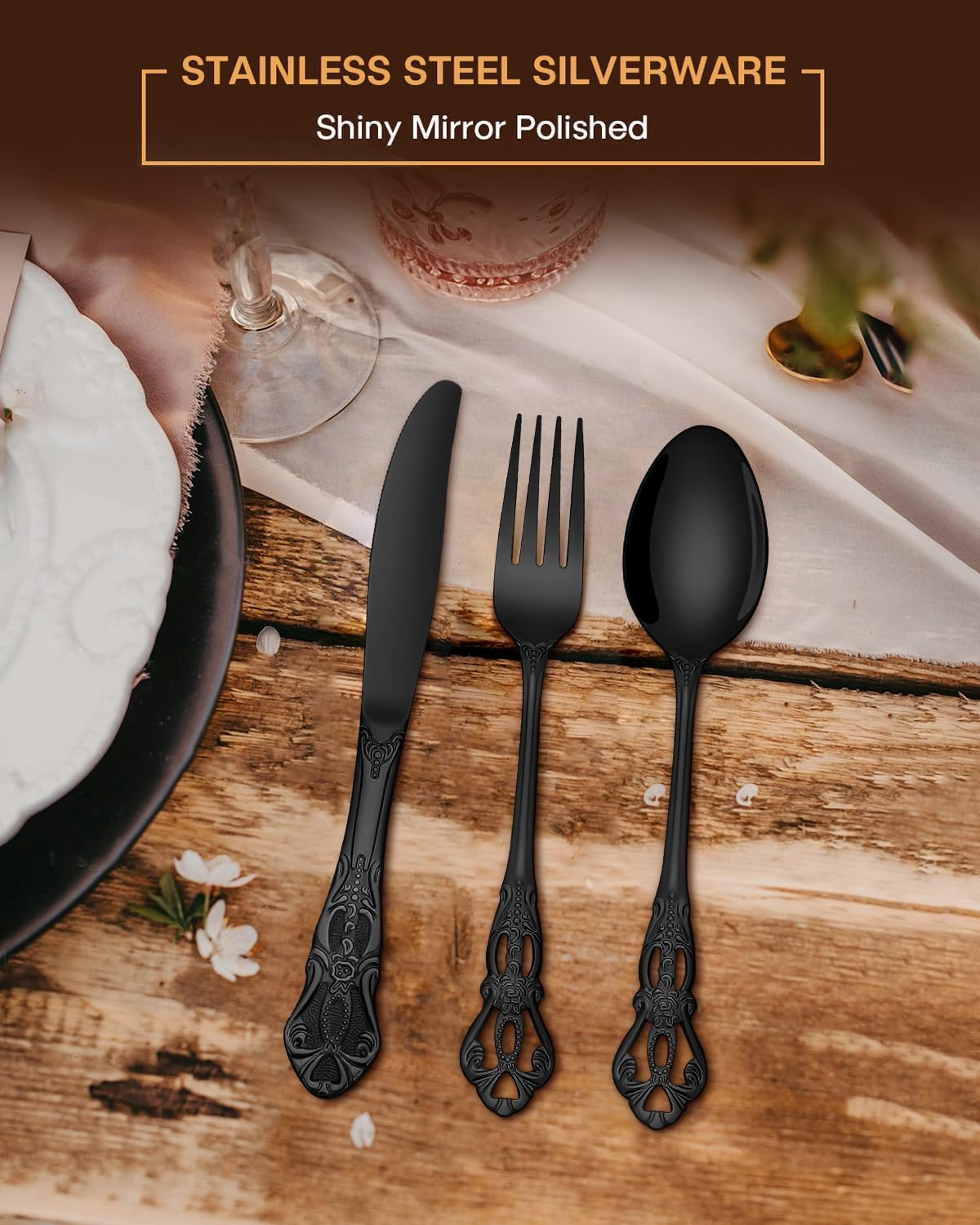 EUIRIO 48 Pieces Royal Black Silverware Set for 8, Retro Gorgeous Flatware Set with Steak Knives, Premium Stainless Steel Vintage Cutlery Set with Forks Spoons and Knives, Dishwasher Safe