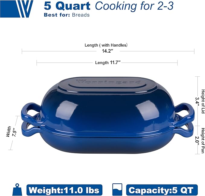 Enameled Cast Iron Sourdough Bread Oven, Dutch Oven, Loaf Cast Iron Bread Pan for Homemade Bread Baking, Meatloaf Pan with Lid, 5QT, Blue