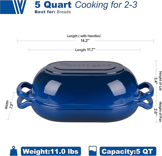 Enameled Cast Iron Sourdough Bread Oven, Dutch Oven, Loaf Cast Iron Bread Pan for Homemade Bread Baking, Meatloaf Pan with Lid, 5QT, Blue
