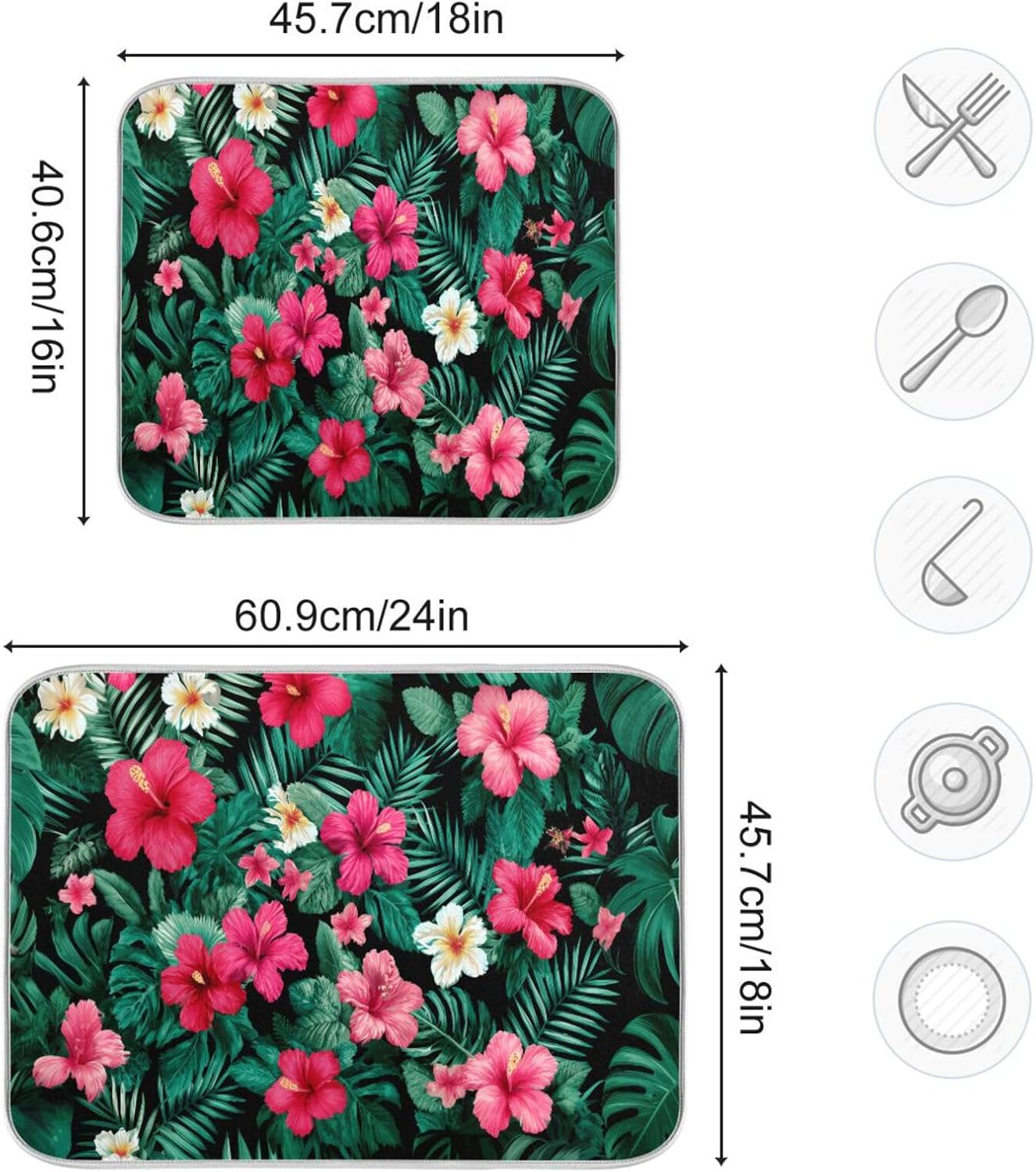 Tropical Flowers Leaves Pattern Dish Drying Mat for Kitchen Counter Super Absorbent Dishes Pad Reversible Microfiber Protector Dish Draining Mats 18x24 inch
