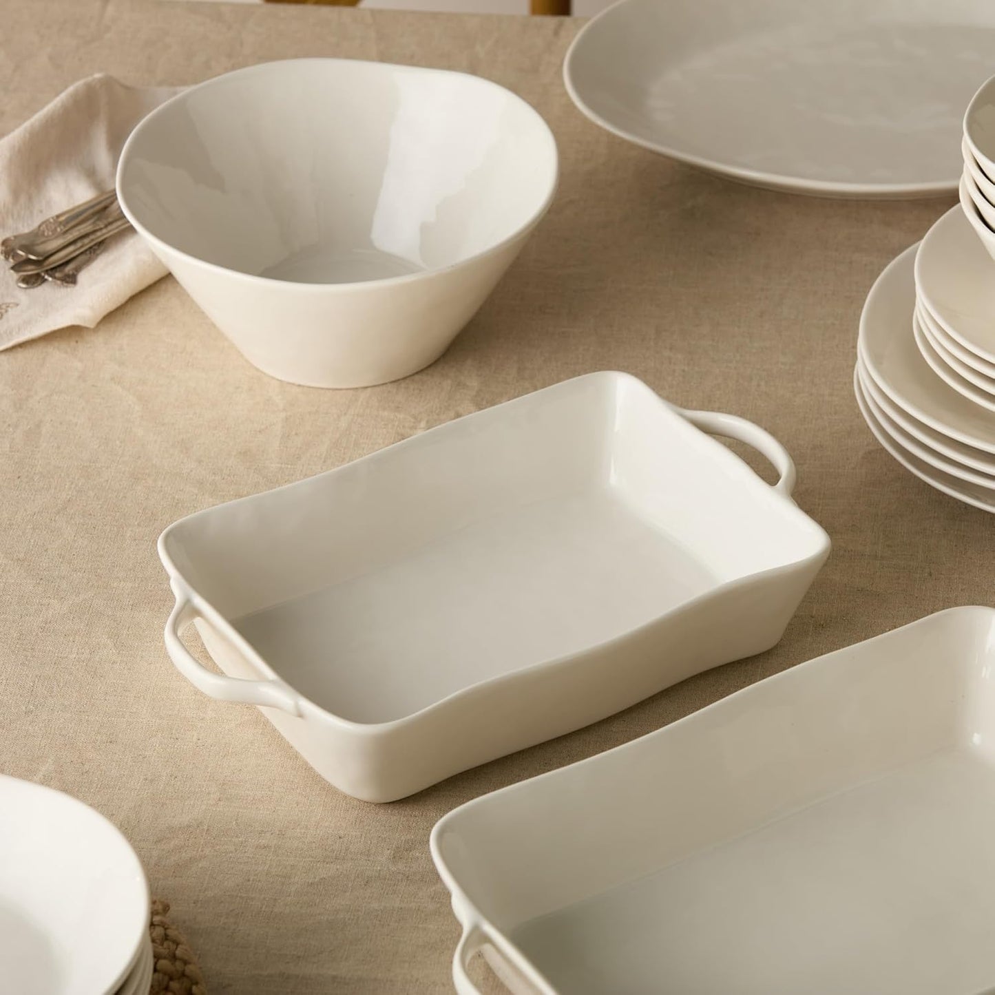 Linen Cream Stoneware Rectangular Baker 14"x8.75"x2.75" – Medium Neutral Glazed Bakeware for Casseroles, Bakes & Oven Meals – Modern Farmhouse Stoneware Cookware, Oven-to-Table Style