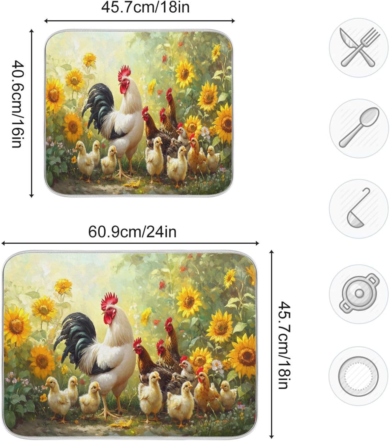 Chickens Pattern Dish Drying Mat for Kitchen Counter Super Absorbent Dishes Pad Reversible Microfiber Protector Dish Draining Mats 16x18 inch