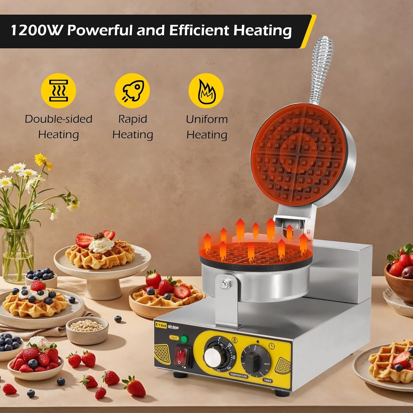 Dyna-Living Commercial Waffle Maker Restaurant, 1200W Professional Waffle Maker Commercial Waffle Iron Non-stick Classic Waffle Machine Electric Waffle Bowl Maker for Home, Hotel