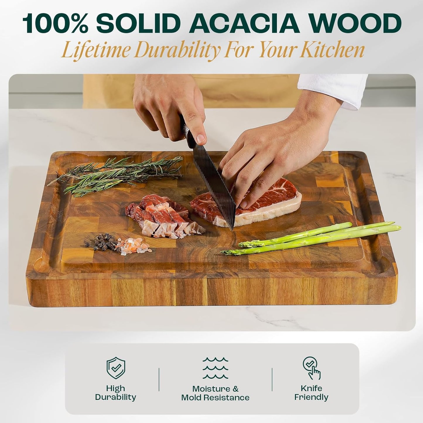 Yes4All Durable Acacia Cutting Boards for Kitchen, [17''Lx13''Wx1.5” Thick] Medium End Grain Cutting Board, Pre Oiled Wood Cutting Boards, Thick Chopping Board w/Juice Grooves and Easy Grip Handle