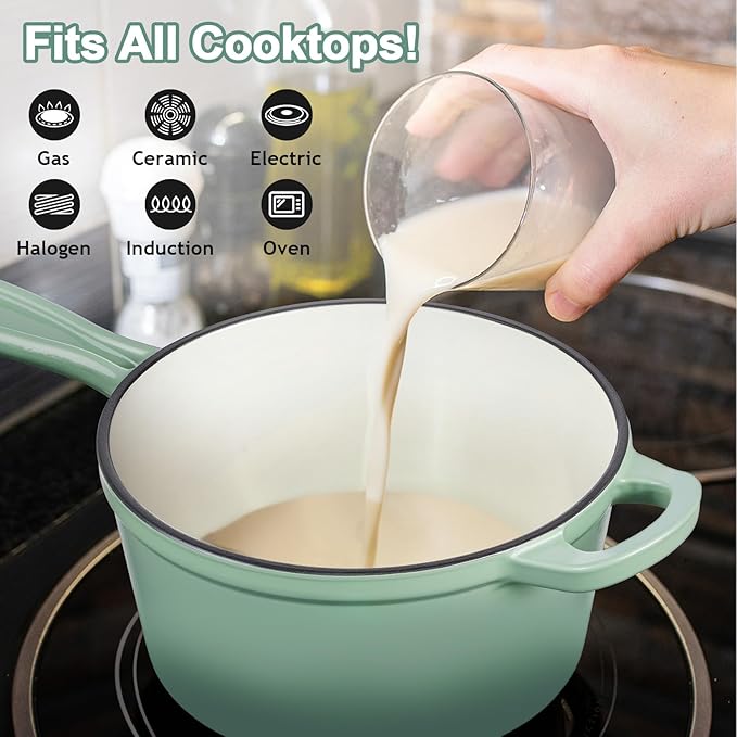 2 Quart Saucepan with Lid, Leonyo Enameled Cast Iron Sauce Pan, Enamel Dutch Oven Kitchen Cookware for All Cooktops Making Pasta Sauce, Oatmeal - Up to 500°F & 6.7Lbs, Pistachio Green