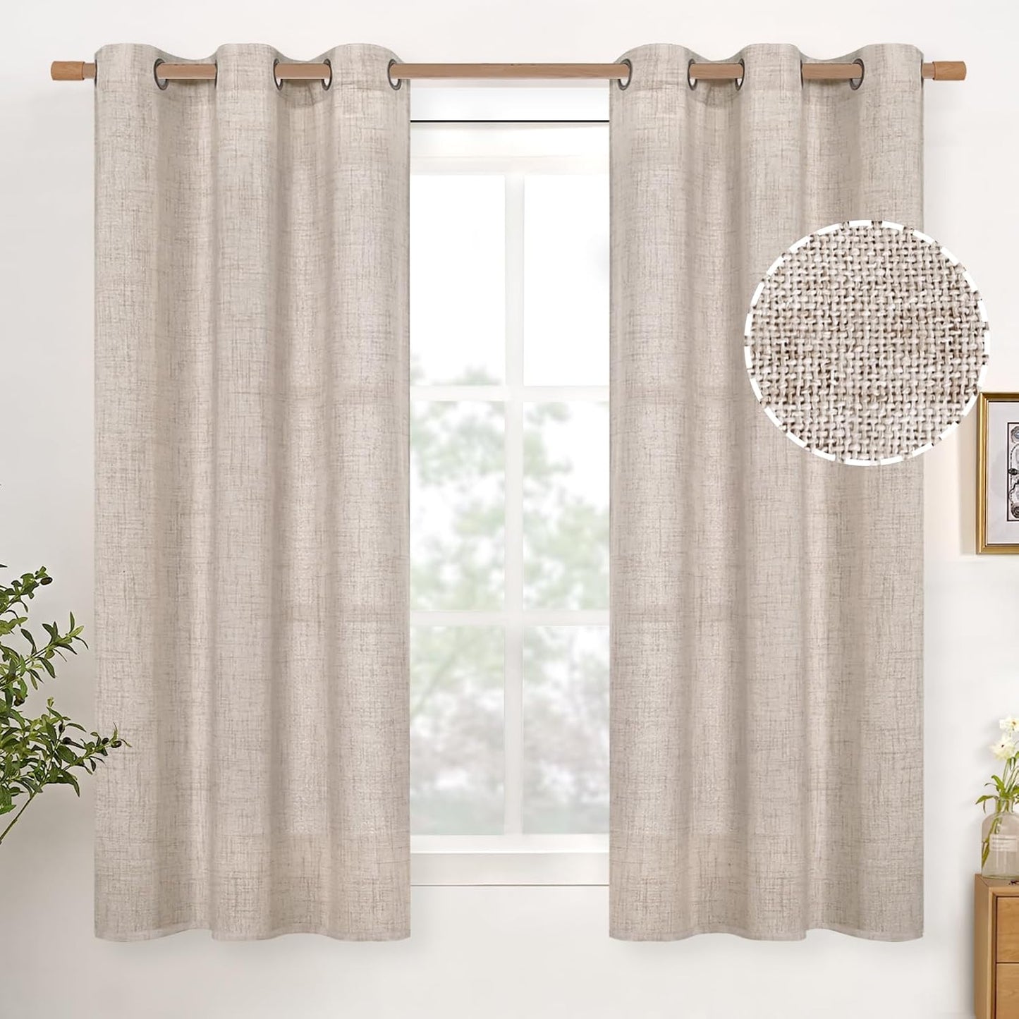 YoungsTex Short Linen Curtains 54 Inch Length 2 Panels for Window, Light Filtering Drapes Semi Sheer with Bronze Grommet Rustic Textured for Bathroom Bedroom Living Room, 42 X 54 Inch