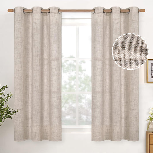 YoungsTex Natural Linen Curtains 45 Inch Long for Kitchen Window - Short Length Semi Sheer Drapes with Bronze Grommet Textured Light Filtering for Bedroom Bathroom, 2 Panels, 42 X 45 Inch