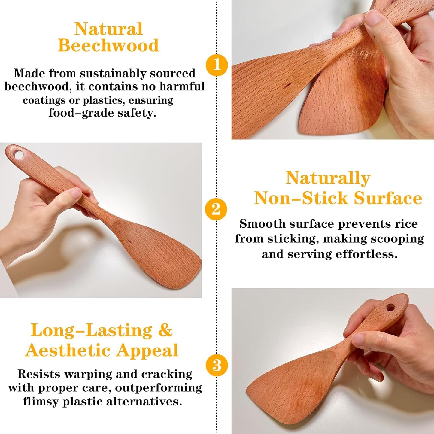 Wooden Spatula for Cooking, 12Inch Wooden Rice Paddle with Long Handle for Cooking, Stirring, Flipping, Serving, Scraping