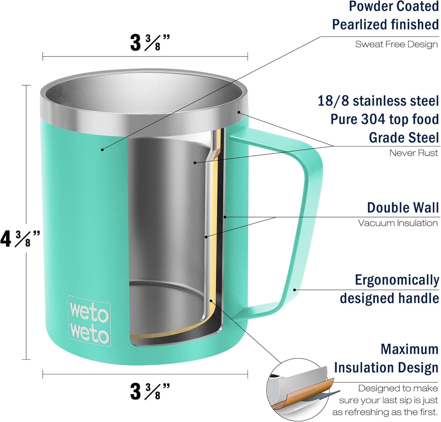WETOWETO 14 oz Coffee Mug, Vacuum Insulated Camping Mug with Lid, Double Wall Stainless Steel Travel Tumbler Cup, Coffee Mugs Outdoor, Powder Coated Aquifer Blue