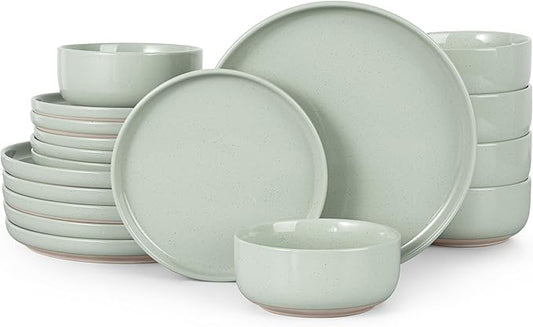 HaWare Stoneware Dinnerware Sets, 18-Piece Plates and Bowls Set for 6, Dishes Set for Home Restaurant, Speckled Asparagus Green