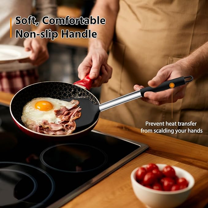 E-far Silicone Spatula Set of 2, Solid & Slotted Turner for Nonstick Cookware, Heat Resistant Rubber Kitchen Cooking Utensils for Flipping Fish Pancake Egg - Black