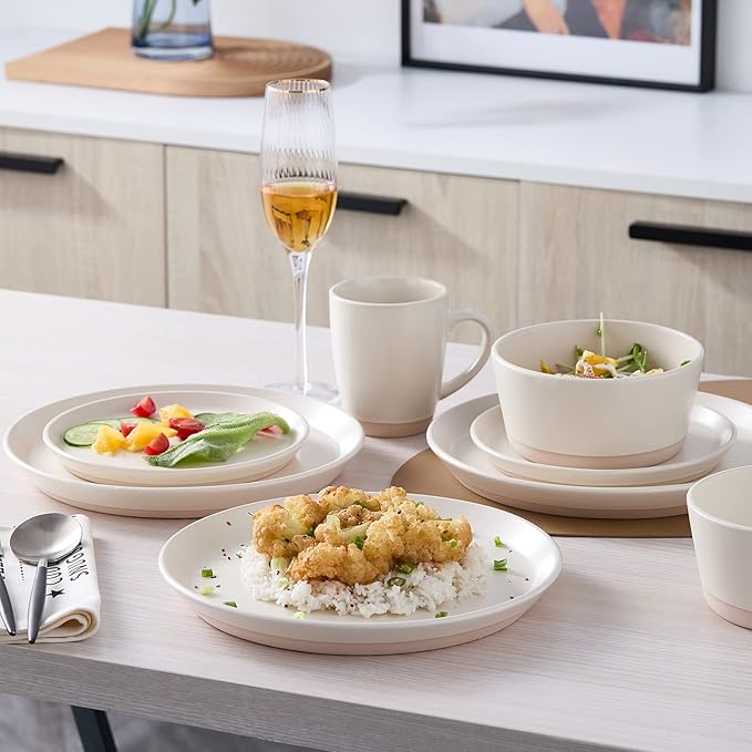 Stone Lain Jules Stoneware Dinnerware, Plates and Bowls, Dish Set for 4, Off White, Microwave & Dishwasher Safe, 16-Piece