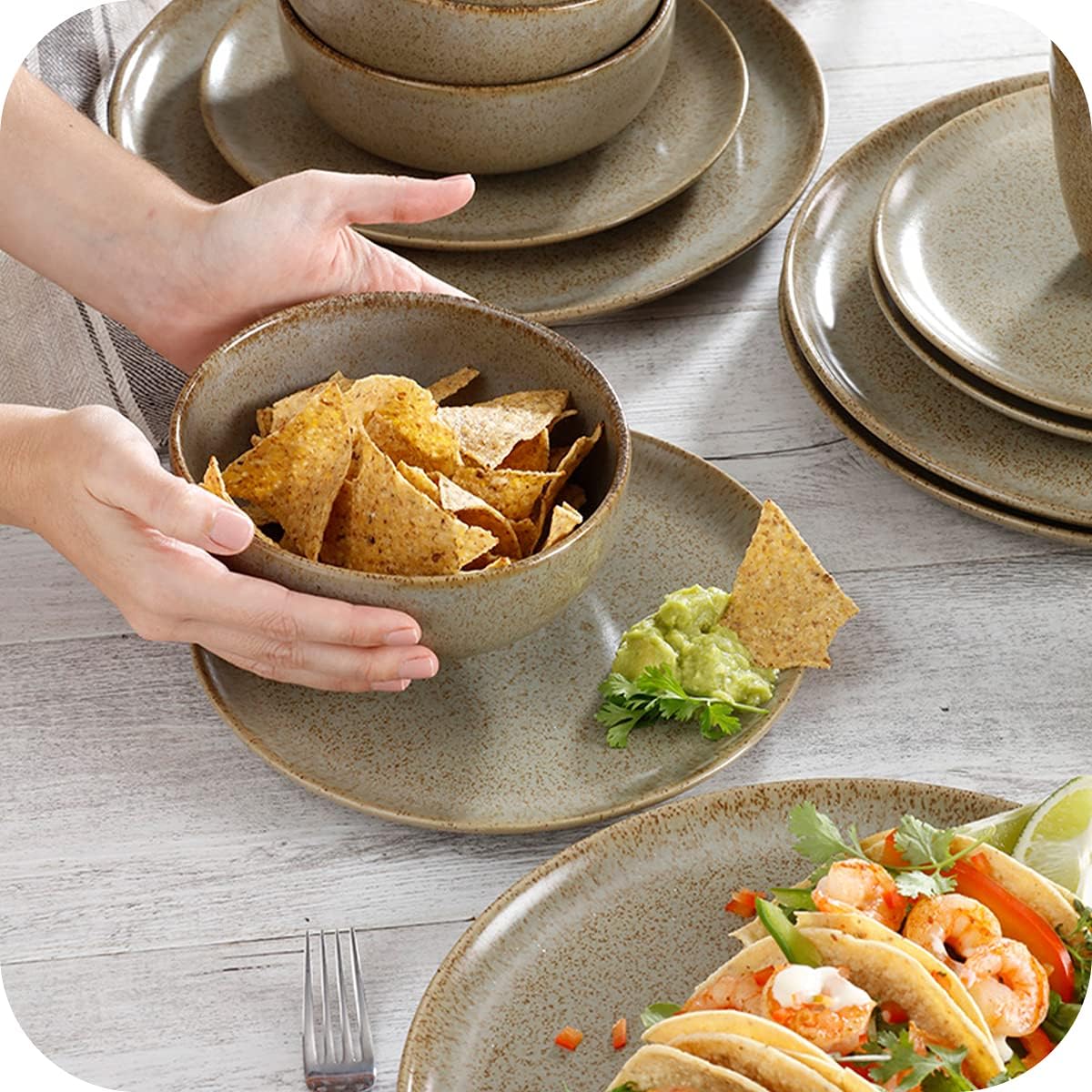 Corona 16–piece Unique Finish Earth-Toned Ceramic Dinnerware Sets, Plates, Bowls and Mugs, Service For 4, Wind