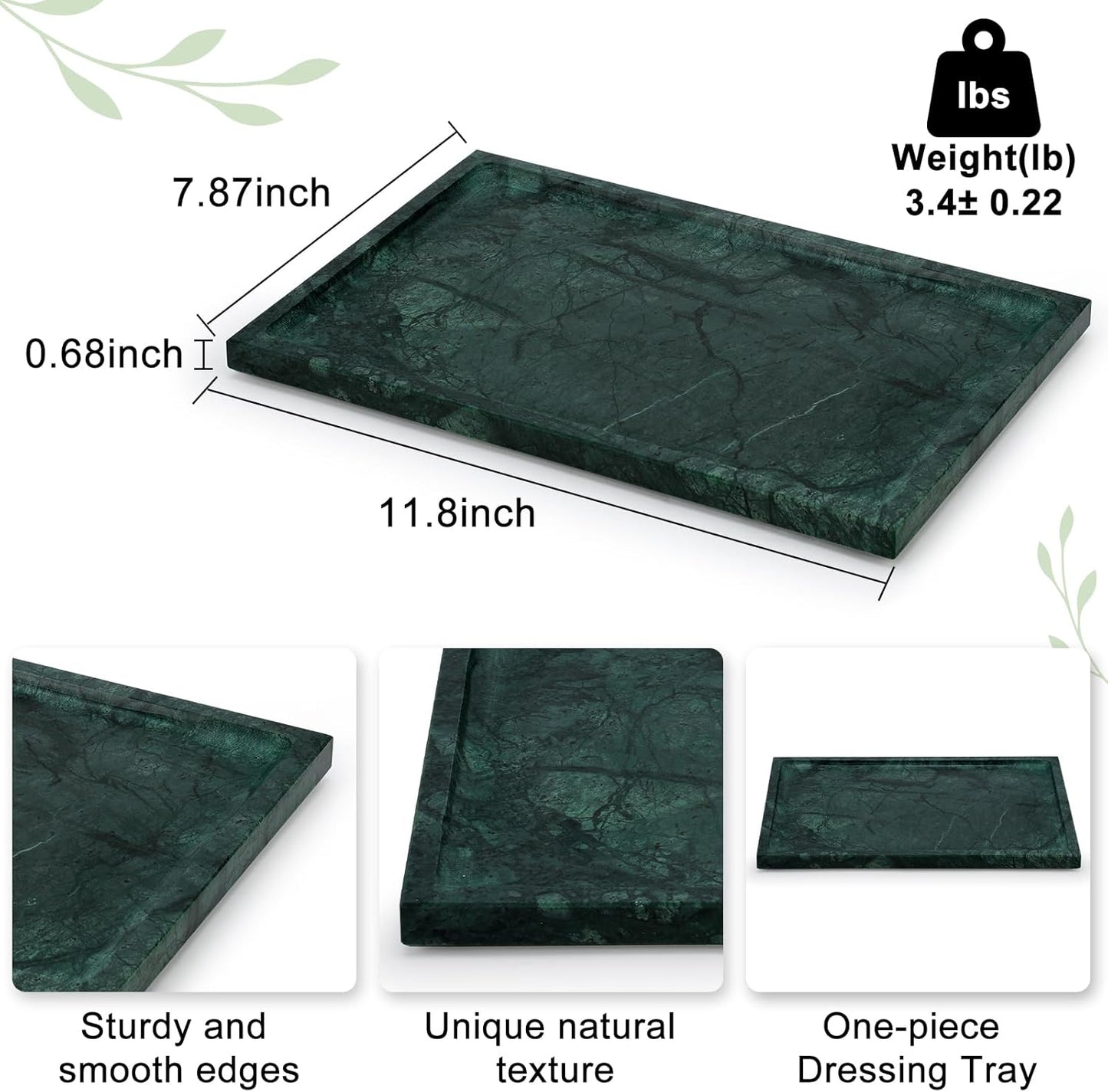 Real Luxurious Natural Marble Tray - 12x8 Inch Marble Vanity Tray for Perfume Display, Jewelry Organizer, Bathroom & Home Decor -Heavy Duty Non-Slip Stone Tray (Non-Resin/Non-Ceramic)（Green）