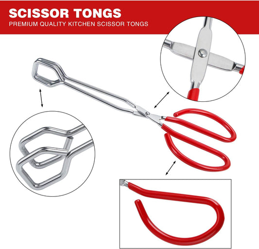 MSY BIGSUNNY 10 Inch Stainless Steel Scissor Tongs, Heavy Duty Cooking Tongs with Soft Handles, Multi-function Serving Tongs for Barbecue, Salad, Buffet, Fry (Set of 2, Red)