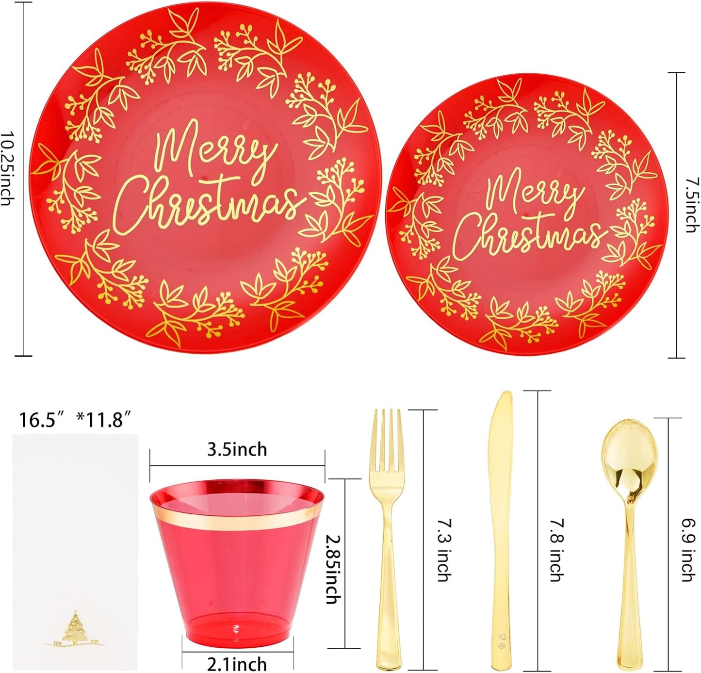 Morejoy 175PCS Christmas Disposable Plates, Red and Gold Plastic Plates Set, Red Gold Dinnerware Set Includes: 50PCS Plates, 25Cutlery Sets, 25PCS Cups, 25PCS Napkins,for Christmas party, wedding