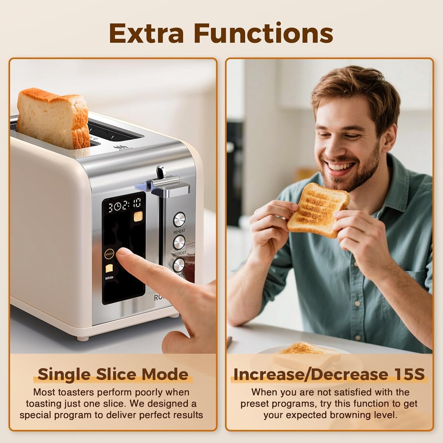 2 Slice Touch Screen Toaster, Stainless Steel Toaster with Wide Slots for Bagels and Bread, Reheat/Defrost/Cancel Functions, Removable Crumb Tray, Cream Color