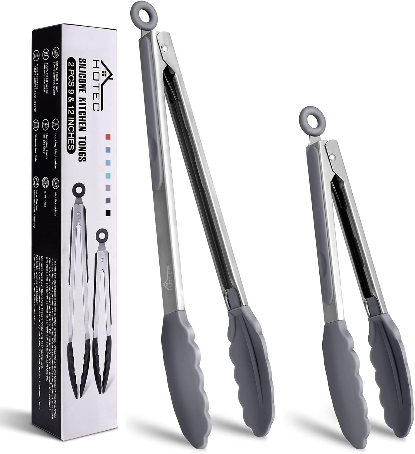 HOTEC Premium Stainless Steel Locking Kitchen Tongs with Silicon Tips, Set of 2-9" and 12" Light Grey