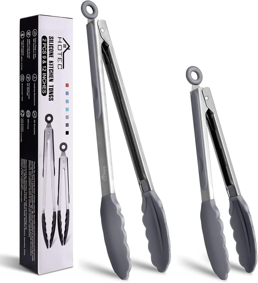HOTEC Premium Stainless Steel Locking Kitchen Tongs with Silicon Tips, Set of 2-9" and 12" Light Grey