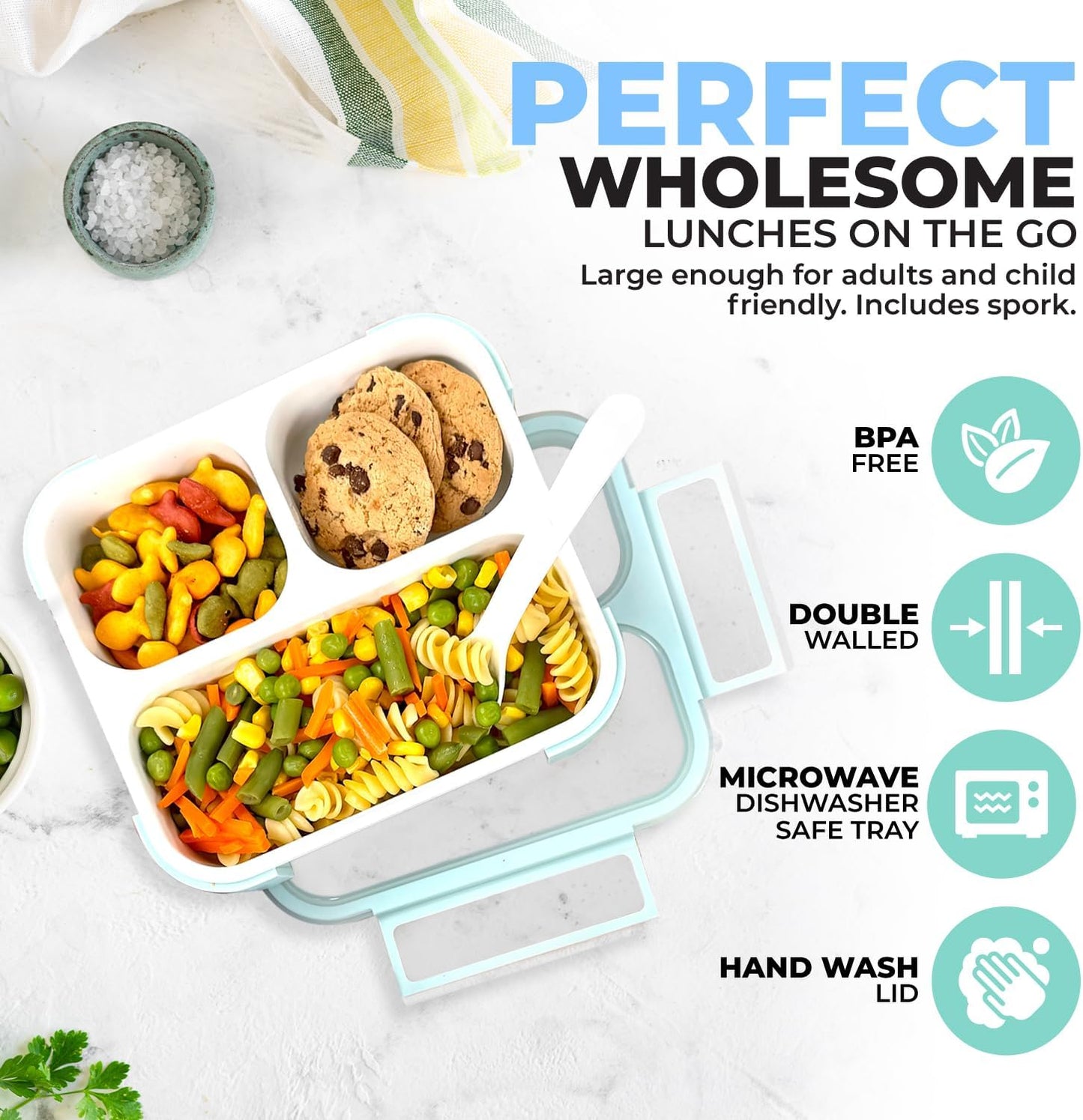 Medium Bento Box for Kids, Lunch-Box Snack Container for Boys Girls Toddler Baby Daycare Pre-School, Leakproof 3 Divider Containers for Lunches Snacks (Pastel Blue +Teal 2 pack)