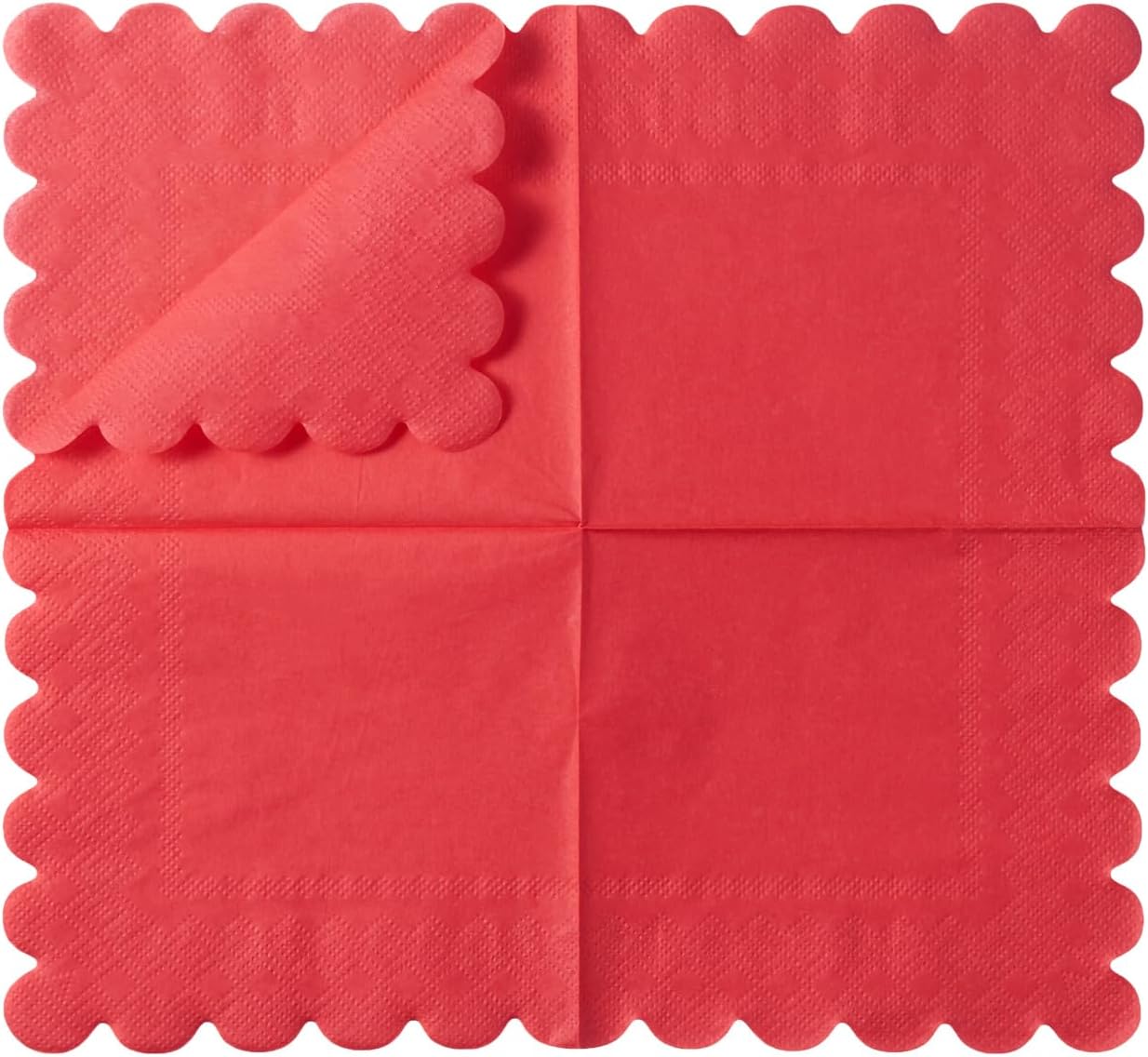 100 Pack Cocktail Napkin 2-Ply Scalloped Edged Dessert Napkins Folded 5 x 5 Inches Disposable Napkins for Dinner Wedding Birthday Party Bridal Anniversary Reception Event (Red)