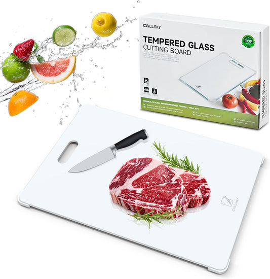 Tempered Glass Cutting Board Set, Large 12x16 Glass Cutting Board for Kitchen with 4 Non-Slip Feet, Heat & Shatter Resistant, Dishwasher Safe Perfect Kitchen Gift& Decor (Porcelain White)