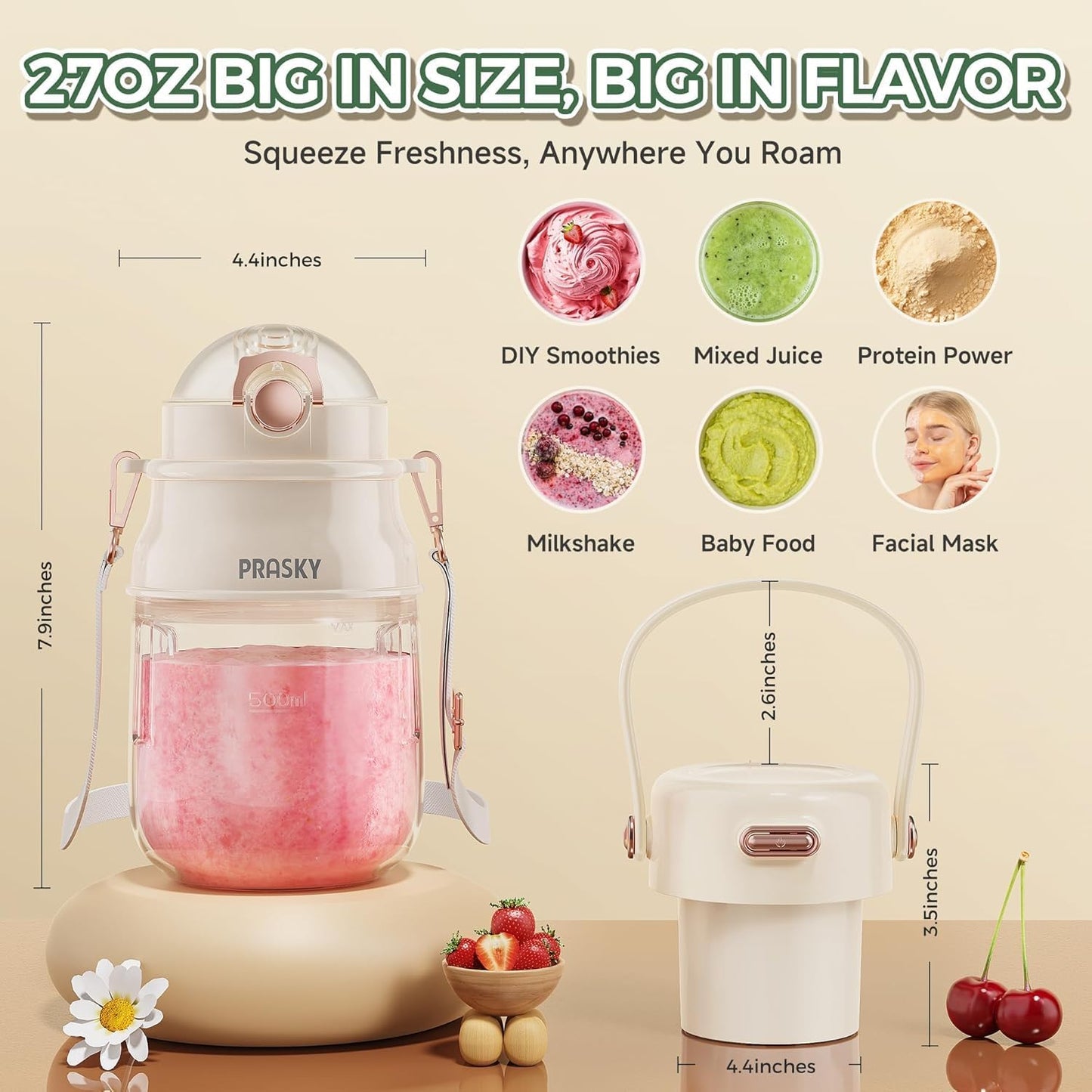 Portable Blender, Prasky Personal Blenders for Shakes and Smoothies with 27oz Cup, Lid and Shoulder Strap, Type-C USB Rechargeable, Personal Size Blenders BPA-free for Travel/Kitchen (Creamy Ivory)
