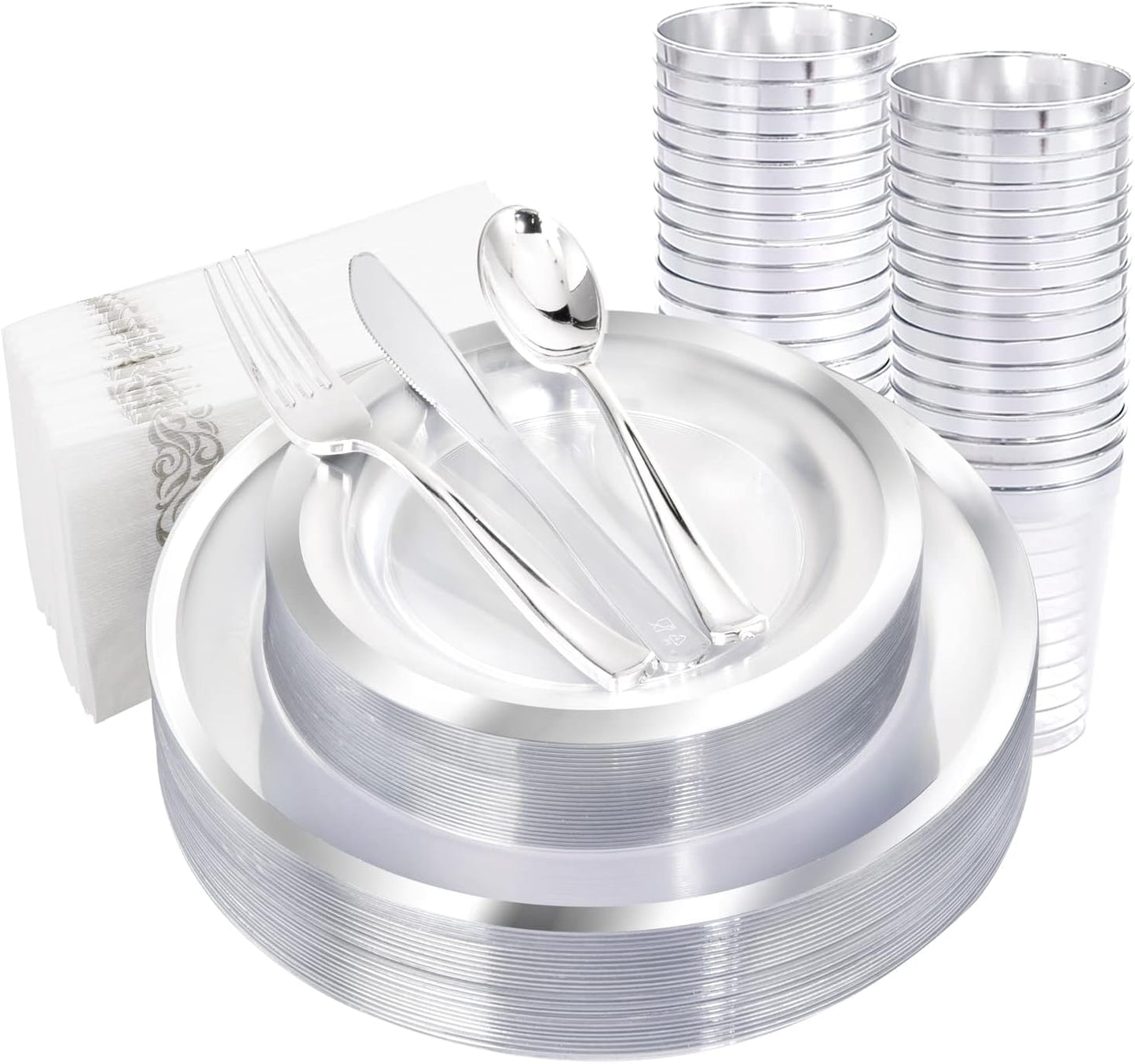 YOUBET 175PCS Clear Plastic Plates with Silver Rim include -Disposable Silver Plstic Plates Includes 50 Silvery Plastic Plate, 25Forks, 25Knives, 25Spoons, 25Cups, 25Napkins for Wedding & Party