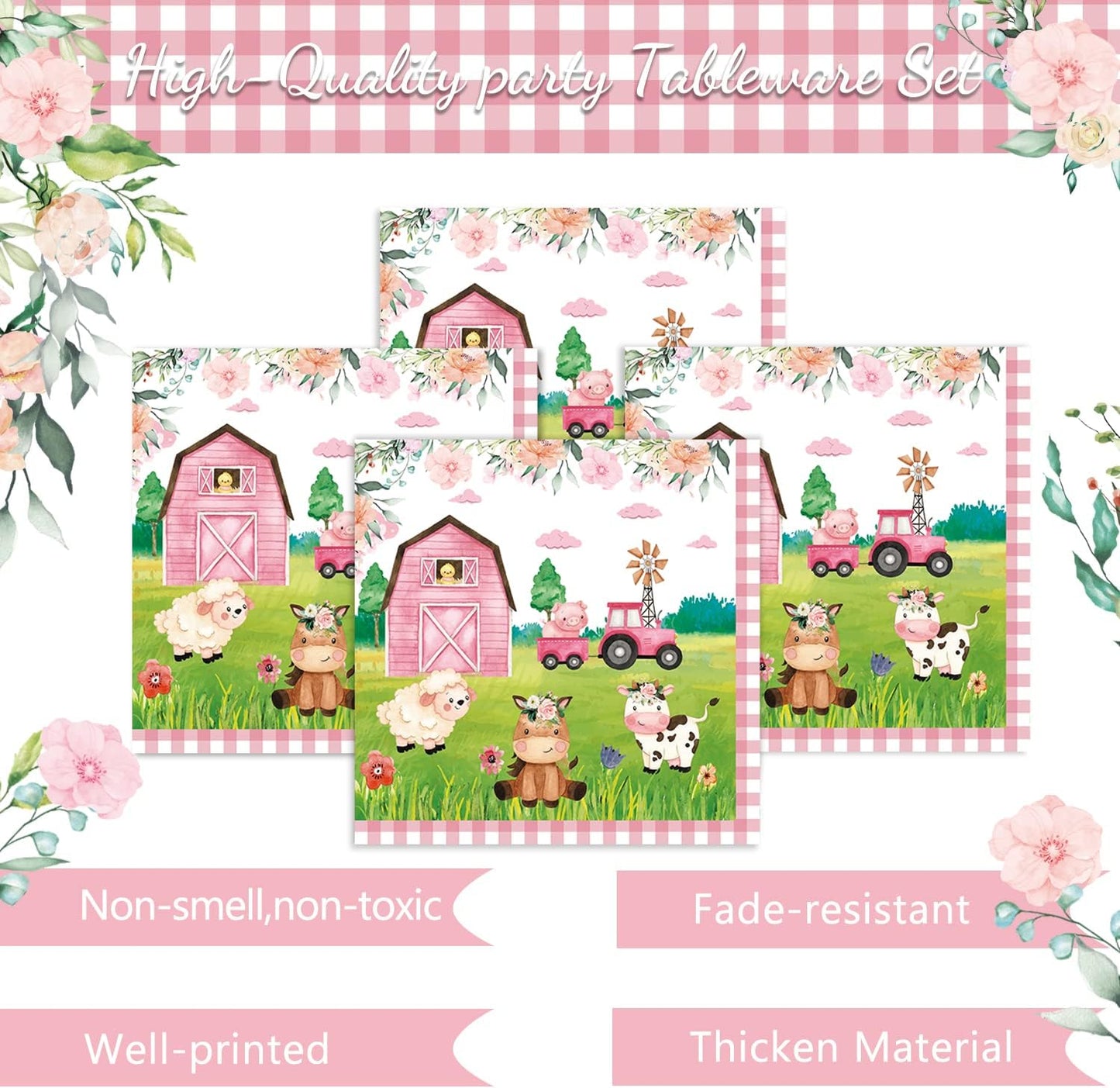 96PCS Farm Animals Party Supplies Tableware Set Farm Birthday Party Barn Animal Theme Party Cute Pink Animal Baby Shower Dessert Plate Dinner Plate Paper Napkins Forks Dinnerware for 24 Guests