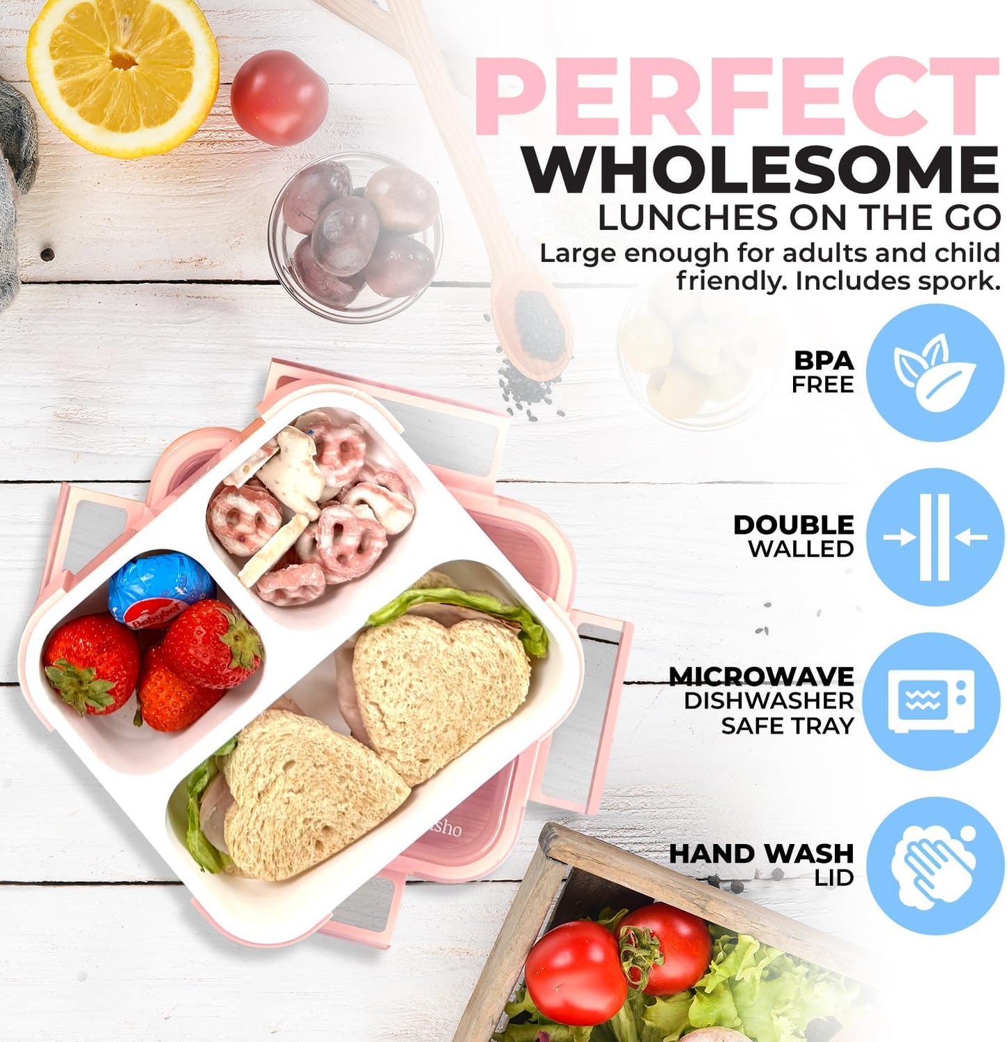 Medium Bento Boxes for Kids, Lunch-Box for Boys Girls Todderler Adults, Leak-proof 3 Compartment Containers for Meal or Snack at School Daycare Work Travel, BPA Free 2 pack (Pastel Blue + Pink)