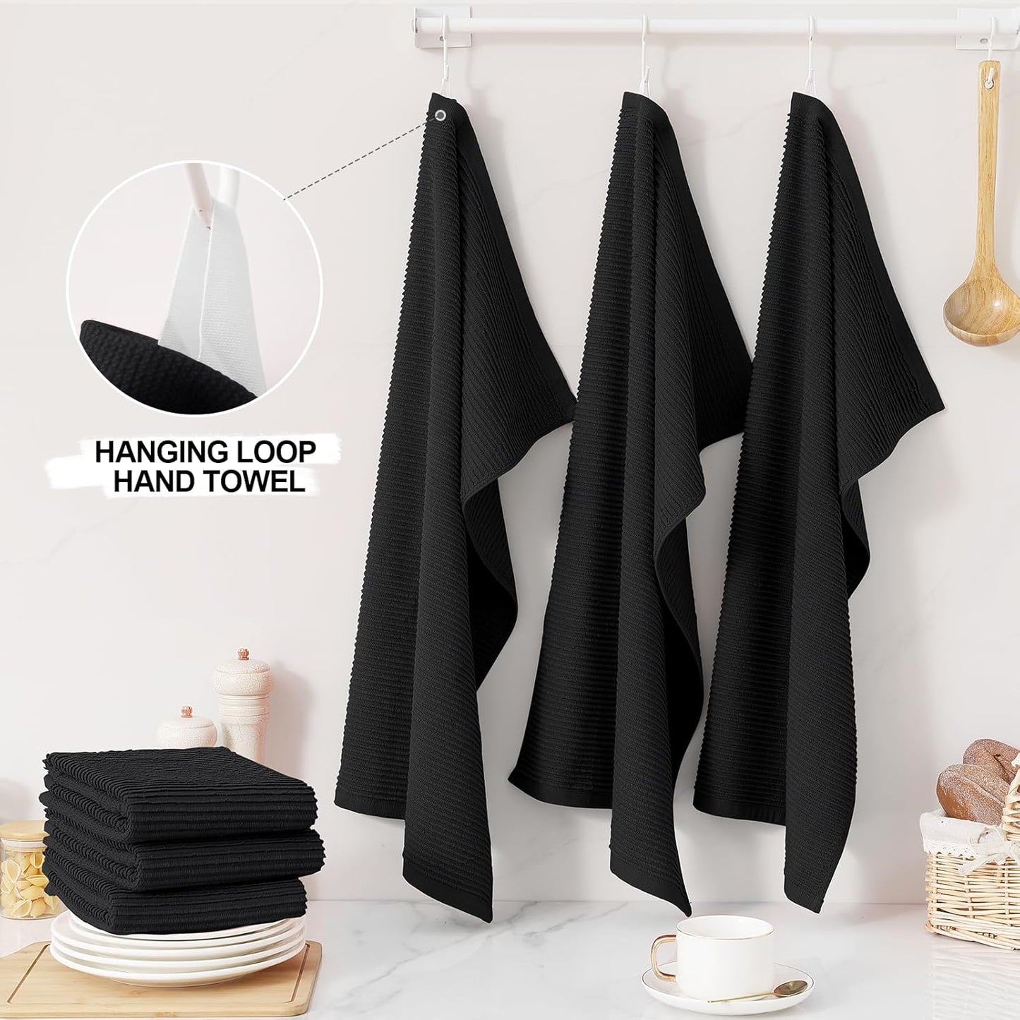Homaxy Premium Kitchen Towels (18"x 28", 6 Pack), Large 100% Cotton Kitchen Hand Towels, Ultra Absorbent Ribbed Terry Tea Towels Set with Hanging Loop, Black