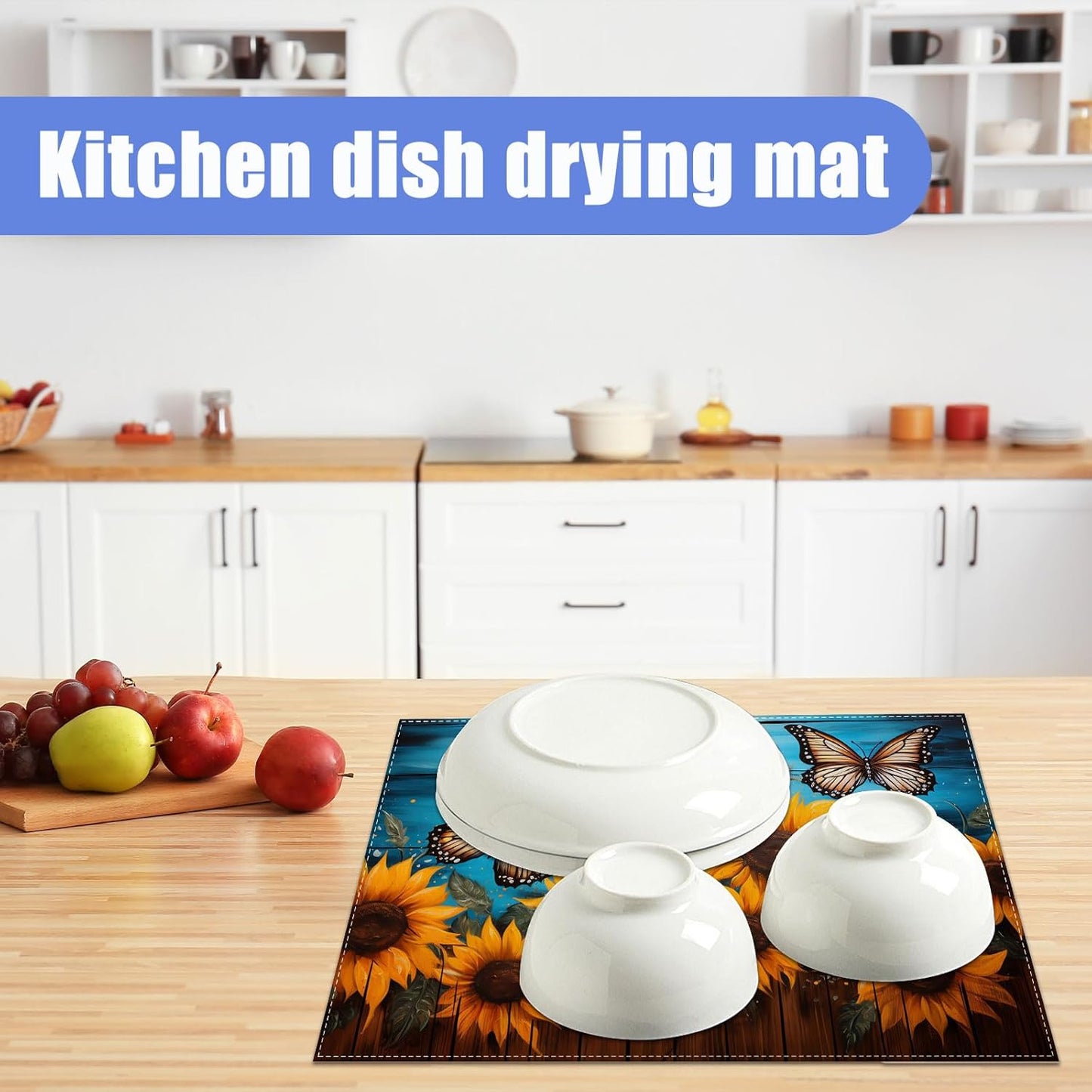 Sunflower Butterfly On Wooden Board Dish Drying Mat for Kitchen Counter Drying Pad Absorbent Reversible Dish Drainer Rack Mats Draining Pad 18"x24"Inch