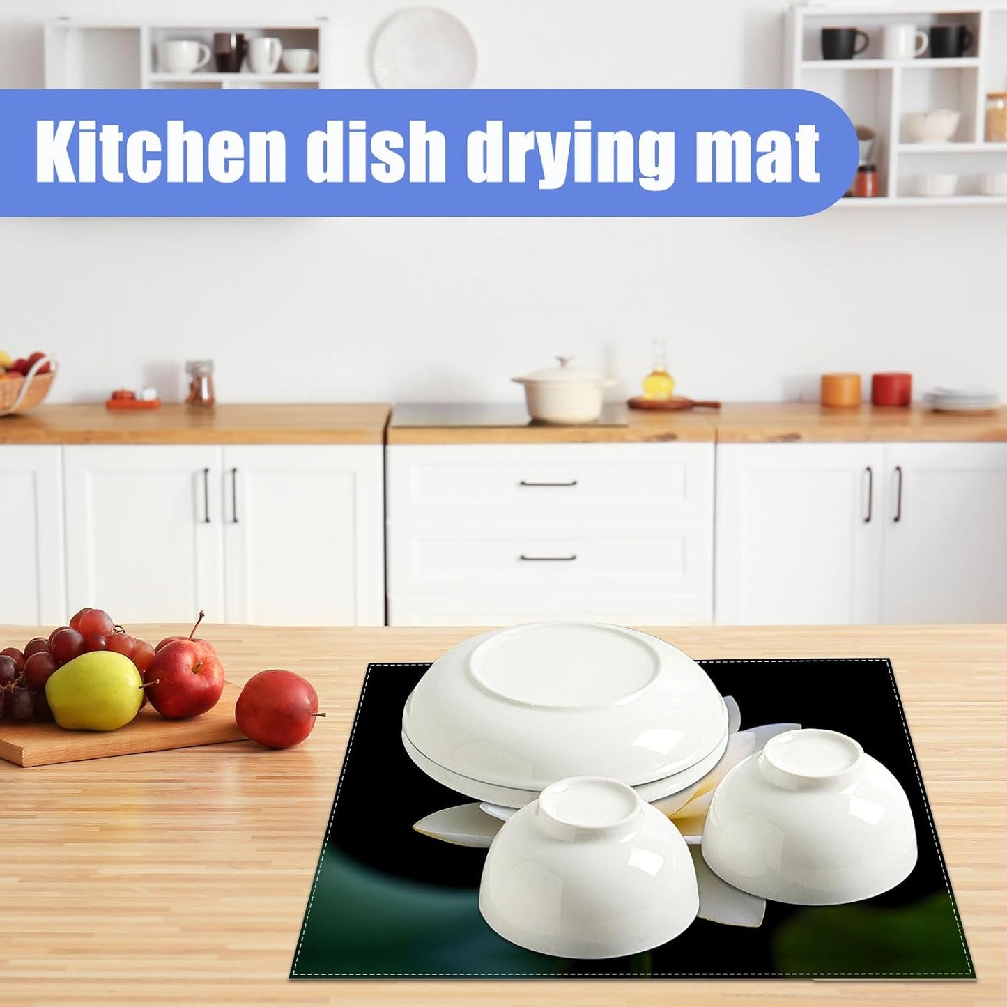 White Louts Flower Dish Drying Mat for Kitchen Counter Floral Drying Pad Absorbent Reversible Dish Drainer Rack Mats Draining Pad 18"x24"Inch