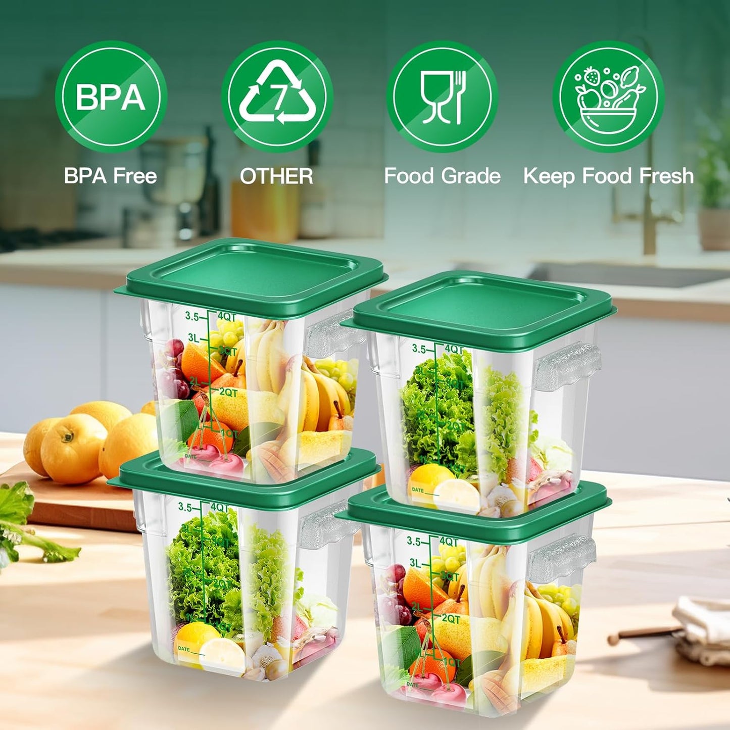 4 pcs 4qt Food Storage Containers with Lid, Square Clear Commercial Food Storage Containers with Handle and Scale for Food Storage in Home Kitchen & Dining (Green)