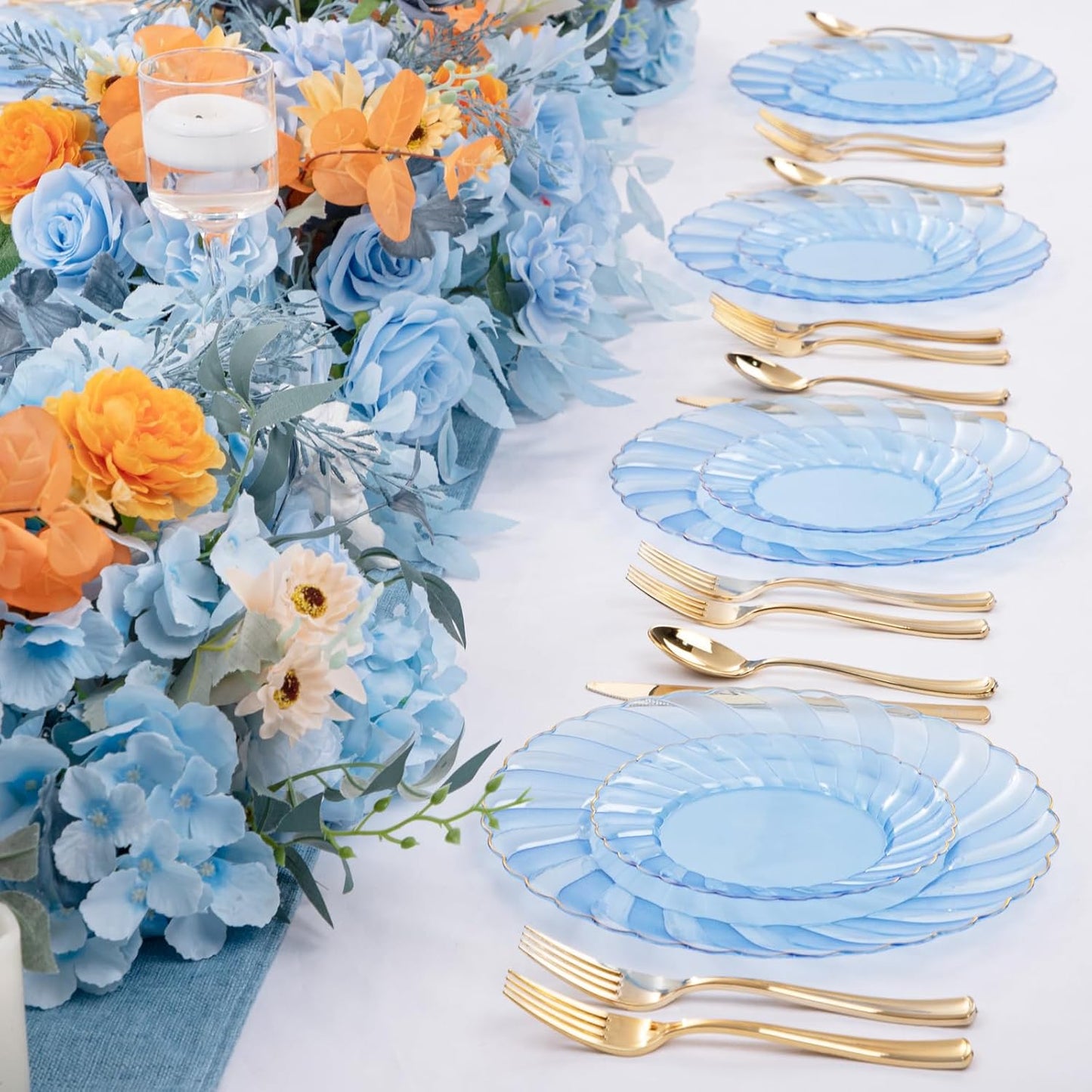 YOUBET 125PCS Clear Blue Gold Plastic Plates - Blue Disposable Plates With Gold Rim Include 25 Dinner Plates 25 Dessert Plates 75 Golden Silverwares for Wedding Birthday & Parties