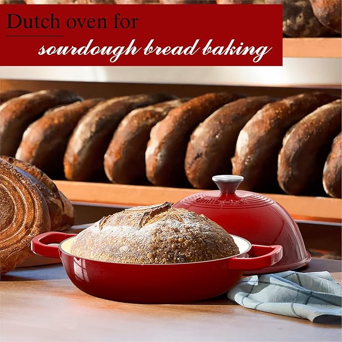 Enamelled Cast Iron Dutch Oven Pot – Dutch Oven Pot with Lid For Sourdough Bread Baking – Cast Iron Bread Oven – Red, Umite Chef 6QT Pot with Lid & Cotton Potholders