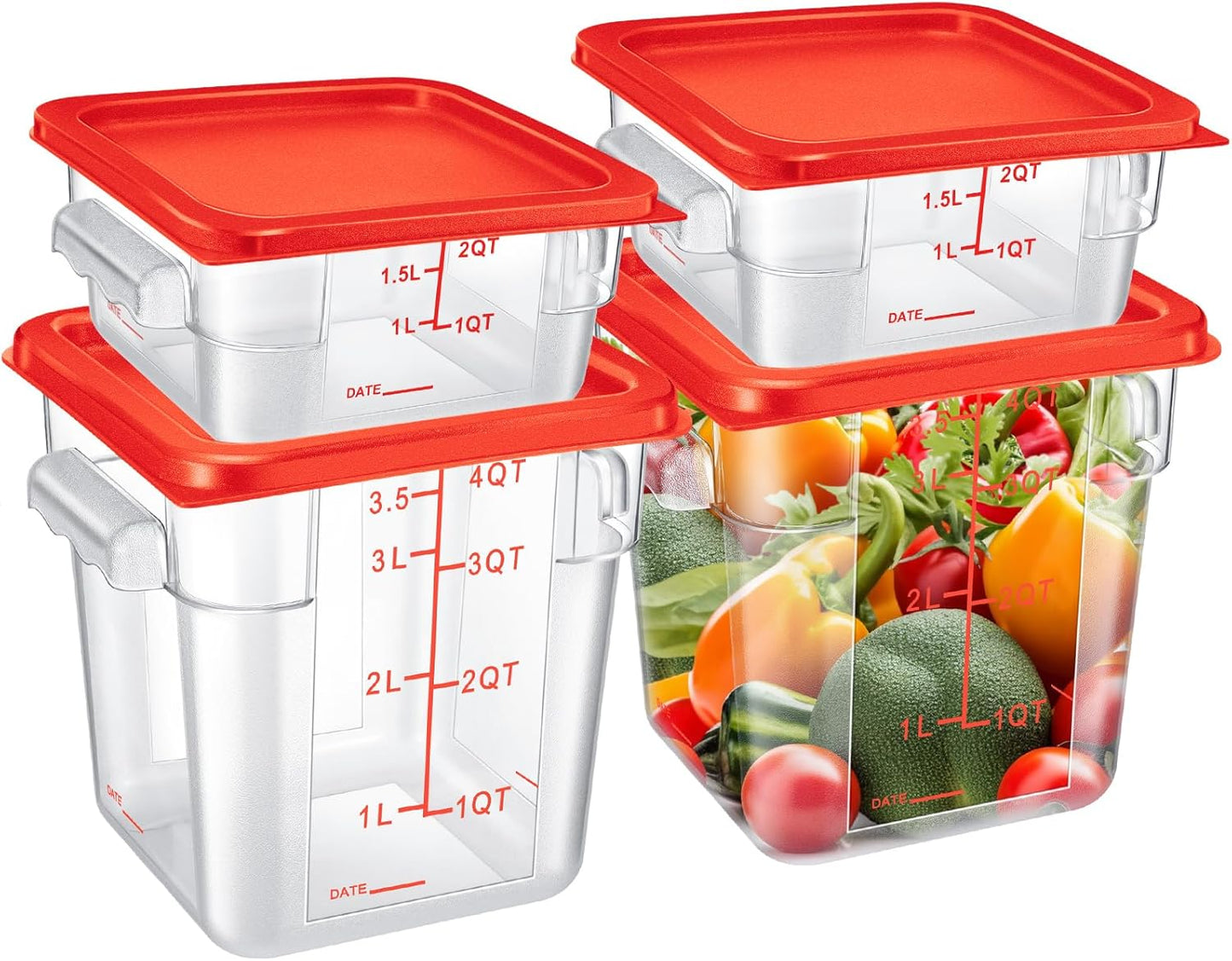 Barydat 4 Pcs Food Storage Container with Lids 2Qt and 4Qt Square Commercial Containers with Scales and Handles Polycarbonate Clear Food Storage for Kitchen Proof Dough Marinating Meat(Red)