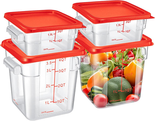Barydat 4 Pcs Food Storage Container with Lids 2Qt and 4Qt Square Commercial Containers with Scales and Handles Polycarbonate Clear Food Storage for Kitchen Proof Dough Marinating Meat(Red)
