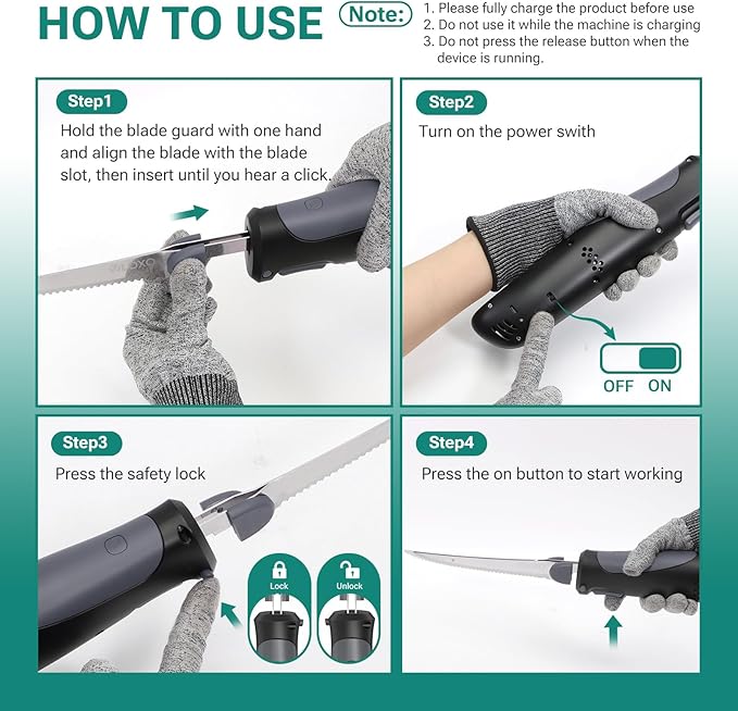 VLOXO Cordless Electric Knife, Rechargeable Electric Carving Knife with 2 Ti-Nitride S.S. Coated Non-Stick Blades Non-Slip Handle Safety Lock Electric Knives for Meat Slicing Fish Fillet Bread Turkey