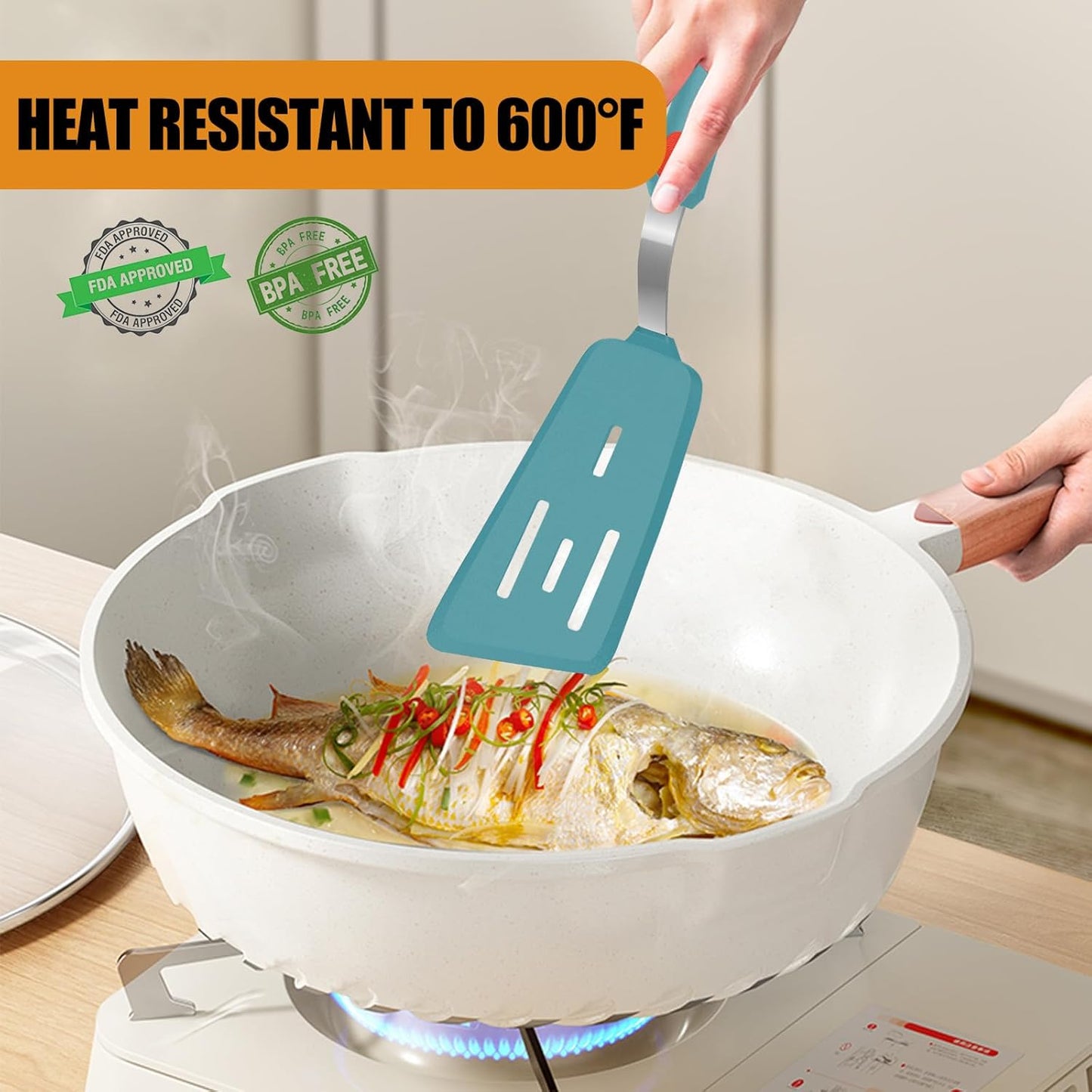 Beijiyi Silicone Spatula Turner Set of 3, 600°F Heat Resistant Nonstick Turner Spatulas for Kitchen Use, Large Flexible Silicone Cooking Utensils Rubber Spatula Set for Egg, Pancake, Fish (Blue)