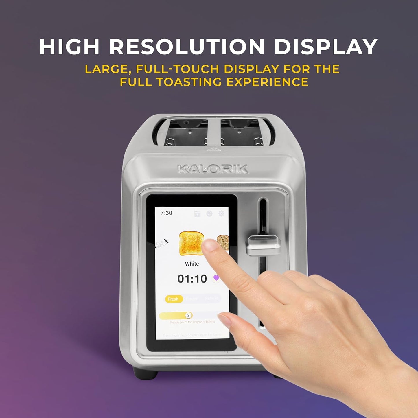 Kalorik Toaster VIVID TOUCH Series 2-Slice with Large High-Resolution Touchscreen and Customizable Cooking Presets by Bread Type, Features Wide Slots and High Lift Lever, 1000-Watts, Stainless Steel