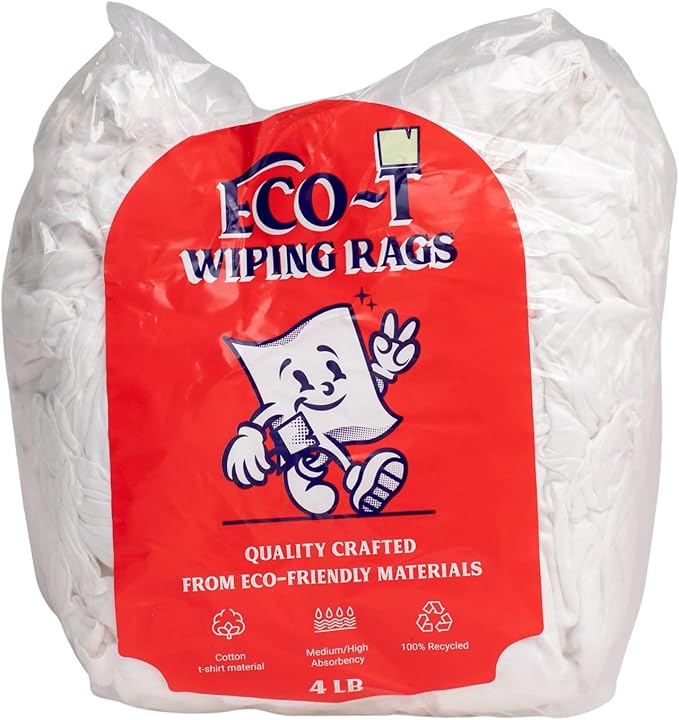 4 lb Bag Eco-T Paint Rags - White T-Shirt Material, 100% Recycled, Eco-Friendly, High Absorbency, Low Lint, Low-Cost, Painting and Cleaning Cloth
