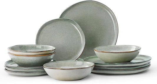 Bestone 12 Pieces Round Kitchen Dinnerware Sets，Plates and Bowls Sets,Dishes, Plates, Bowls, Dish Set, Chip Resistant Ceramic Dinnerware Set, Dishwasher/Microwave Safe,Service for 4,Sage green