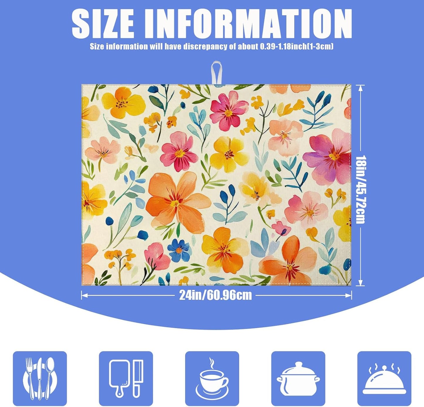Colorful Flower Dish Drying Mat for Kitchen Counter Spring Floral Drying Pad Absorbent Reversible Dish Drainer Rack Mats Draining Pad 18"x24"Inch