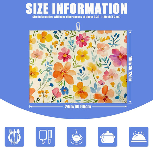 Colorful Flower Dish Drying Mat for Kitchen Counter Spring Floral Drying Pad Absorbent Reversible Dish Drainer Rack Mats Draining Pad 18"x24"Inch