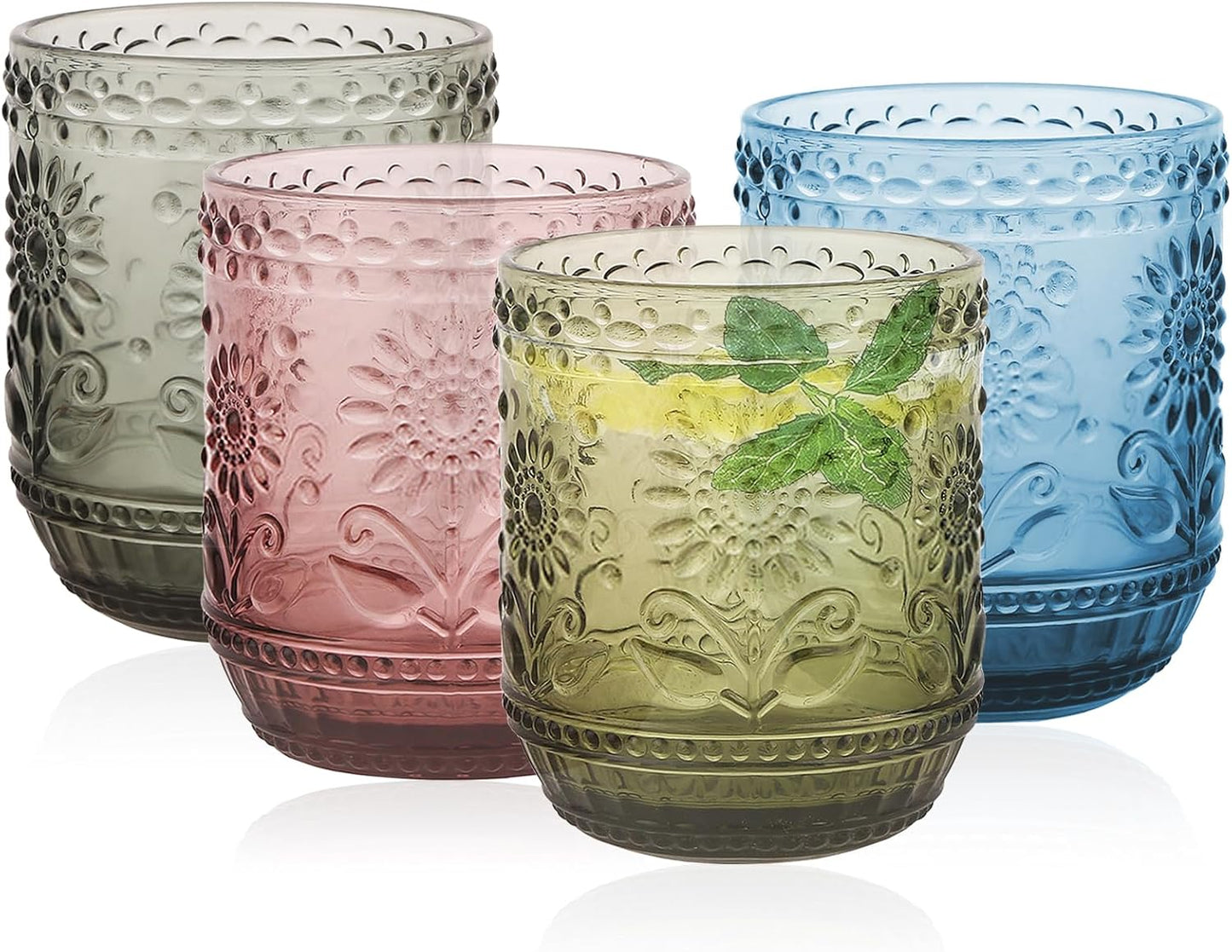 Glass Cups, Vintage Glassware Drinking Glass Set of 4, 12oz Colored Glassware with Sunflower Design, Embossed Floral Decorative Glasses Drinking Set for Cocktail, Wine, Vintage Drinking Glasses