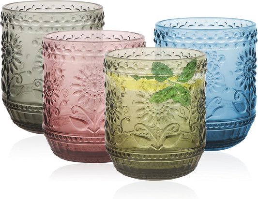 Glass Cups, Vintage Glassware Drinking Glass Set of 4, 12oz Colored Glassware with Sunflower Design, Embossed Floral Decorative Glasses Drinking Set for Cocktail, Wine, Vintage Drinking Glasses