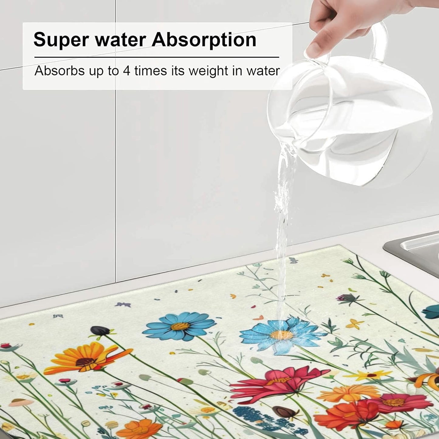 Butterfly Flowers Dish Drying Mat 18x24 Inch, Microfiber Absorbent Fast Dry Mat Daisy Floral Large Dish Mat Drying Kitchen Mat, Kitchen Drying Pad for Kitchen Counter Coffee Bar Decor Gifts