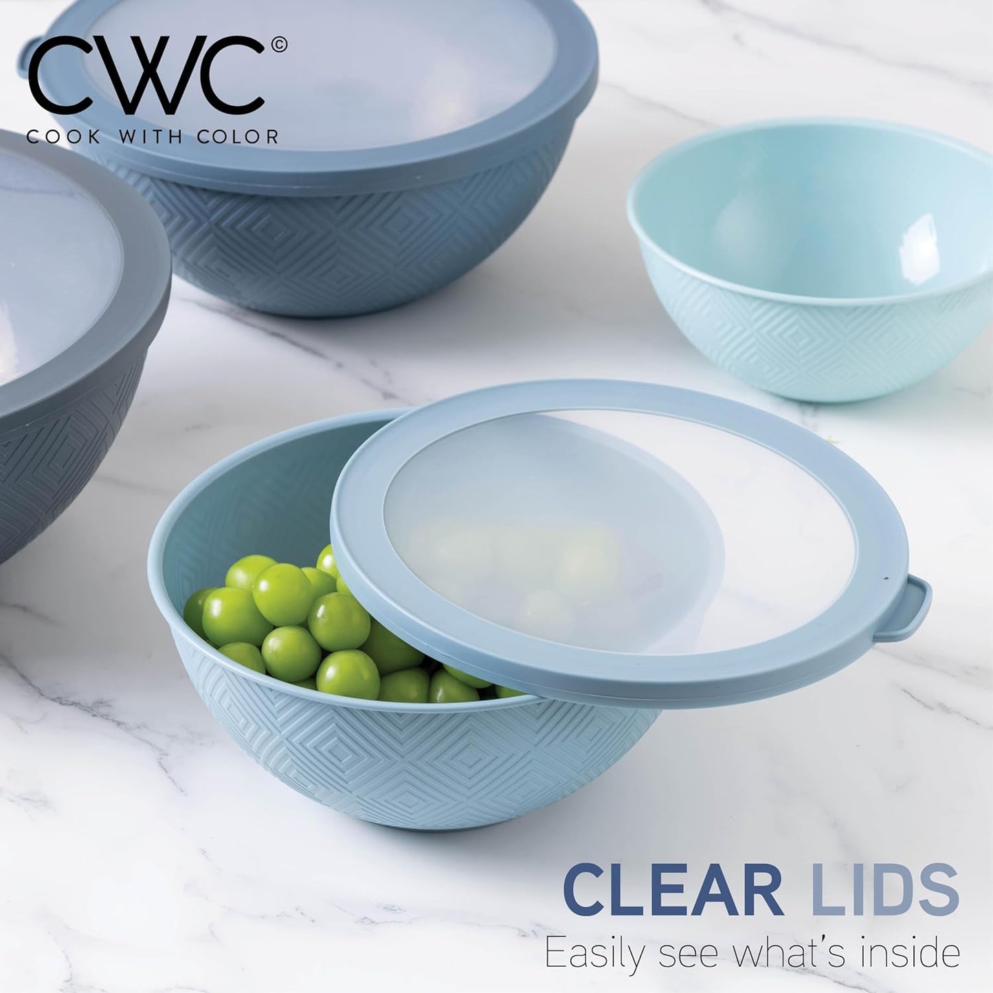 COOK WITH COLOR Mixing Bowls with Lids - 12 Piece Plastic Nesting Bowls Set includes 6 Prep Bowls and 6 Lids, Rhombus Design - Microwave Safe (Blue)